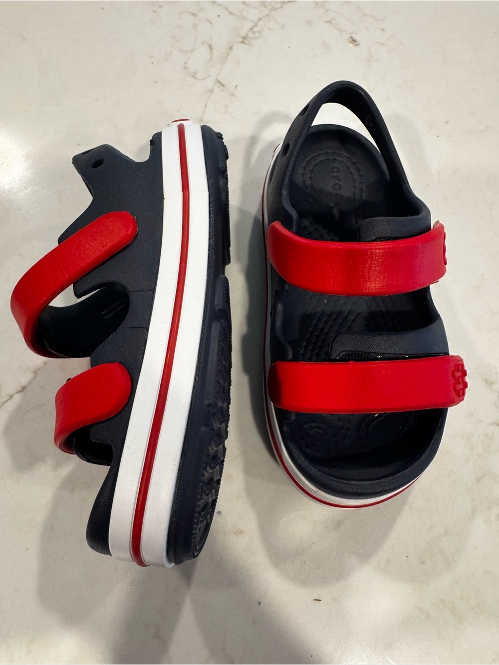 CROCS Kids Navy and Red Hook-and-Loop Sandals